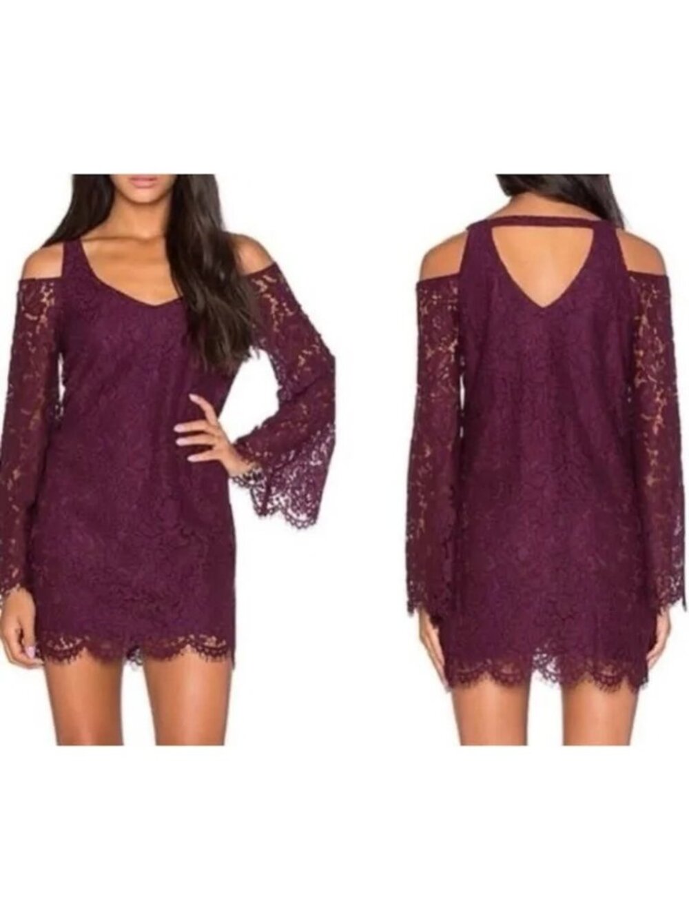 Chaser Dark Purple Cutout Cold Shoulder Lace Mini Dress Long Sleeves Size M